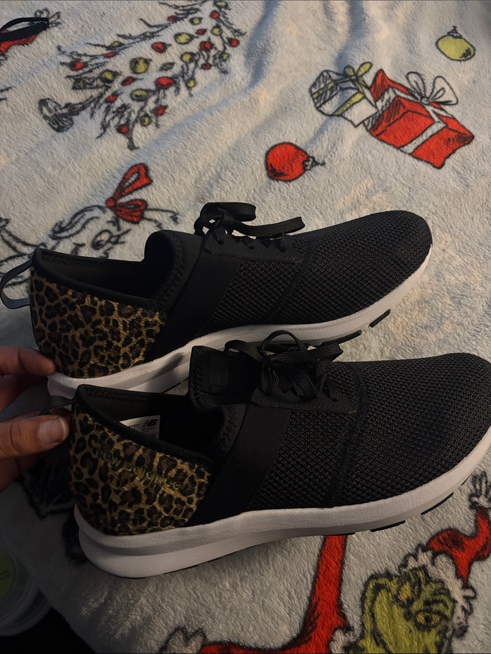 New Balance Black Knit Athletic Sneakers with Leopard Heel Accent
